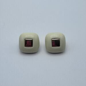 Vintage Crown Trifari Gold Tone Clip On  White Enamel Square Earrings 1940s